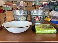 (2) like new Behrens 10 qt galvanized buckets, like new enamel wash bowl and NEW 75 ft. flat soaker hose