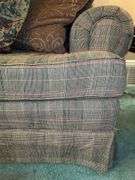 Alexvale Furniture plaid scroll arm sofa with throw pillows…..88 x 28 deep from back x 18 tall to seat (30 tall overall)
