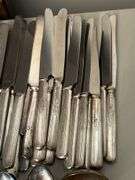 Approx. 136 Pieces of various patterns and makers of silverplate flatware…..some do match but most do not have complete sets….all need polished…..some makers include Oneida, Simpson, 1947 Rogers Bros., Aristocrat, Argyle and more