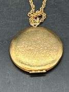 Long Avon locket necklace with tapestry design on locket in original box
