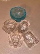 Great selection of pressed glass, clear glass and crystal home decor pieces…..s/p shakers are Lenox…..lidded trinket is Lenox-like but not marked
