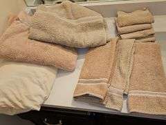 Two bath towels, three hand towels, for washcloth, and one sheet. Size unknown on sheet.