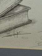 Signed pencil art of books and apple