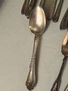 Approx. 136 Pieces of various patterns and makers of silverplate flatware…..some do match but most do not have complete sets….all need polished…..some makers include Oneida, Simpson, 1947 Rogers Bros., Aristocrat, Argyle and more