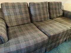 Alexvale Furniture plaid scroll arm sofa with throw pillows…..88 x 28 deep from back x 18 tall to seat (30 tall overall)
