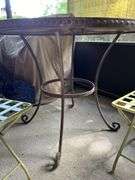 Vintage wrought iron slate top patio table with 2 wrought iron folding chairs with basketweave design seating……36”D x 30” tall…..15-1/2 x 15 x 17-1/2 to seat (36-1/4 tall overall)…..set is heavy