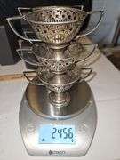 Set of six(6) vintage sterling dessert cup holders w/three etched glass cups 245.6 total grams...