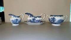 Vintage Allerton’s Kenilworth English Gravy Boat with Under Tray (chipped), Creamer and Sugar Bowl (no lid)…..gravy boat is 8-1/2 x 4-1/2 tall, creamer 4” tall and sugar bowl 6-1/2 x 4 tall (handle to handle)