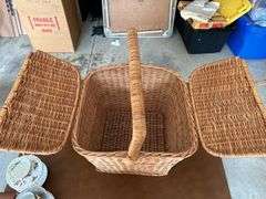 Picnic basket with 4 teacup sets and 4 Libbey wine glasses…..perfect for a child’s tea party/picnic or for an adult cheese/wine picnic