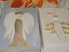Christian artwork, crosses, Angels, friends, and a flower painting on a board