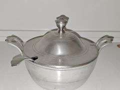 Wilton Armetale RWP Mount Joy pewter tureen with ladle and lid. Nine inch diameter x 7.5 in tall.