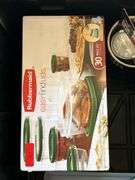 27 gallon tote and contents…..kitchen gadgets, NIB kitchen sink set, NIB 30-piece Rubbermaid food storage set and much more