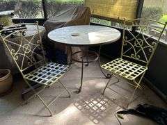 Vintage wrought iron slate top patio table with 2 wrought iron folding chairs with basketweave design seating……36”D x 30” tall…..15-1/2 x 15 x 17-1/2 to seat (36-1/4 tall overall)…..set is heavy