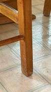 Exquisite custom built table and chairs……custom built in 1972 in Nicosia, Cyprus from oak(?). There are no nails except on the chairs to hold the rush seating in place. Chairs are hand carved…..one small blemish on table top