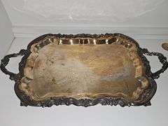Footed oblong silver plate tray. 25x14.5 in