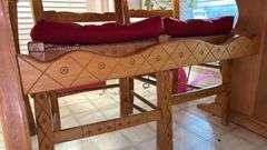 Exquisite custom built table and chairs……custom built in 1972 in Nicosia, Cyprus from oak(?). There are no nails except on the chairs to hold the rush seating in place. Chairs are hand carved…..one small blemish on table top