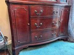 Beautiful antique mahogany china cabinet with 3 drawers and 2 side compartments…..piece is at least 80 years old and is a family heirloom…..you will see slight blemishes from every day normal use…..45 x 15-1/2 x 72 tall