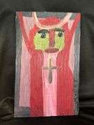 Original signed Mose T good and evil Folk Art with signature soda can tab hanger…..10-1/4 x 16-1/2