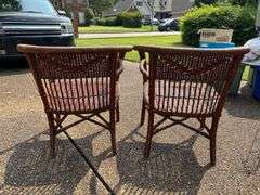 Pair of faux wicker barrel back chairs…..sturdy - shows wear from normal use…..26 x 18-1/2 x 16 tall to seat (28 tall overall)