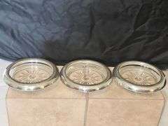 Set of Three(3) vintage Crown 3.75" cut glass coasters w/Sterling rims...