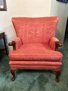 Antique coral upholstered accent chair…..29-1/4 x 20-1/2 x 18 tall to seat (34-1/2 tall overall)