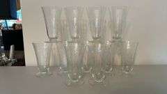 Set of 11 Etched Floral Parfait Glasses…..5-3/4” tall…..chipping (see pics)