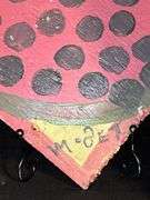 Original signed Mose T red meat watermelon Folk Art with signature soda can tab hanger…..19 x 9-1/4