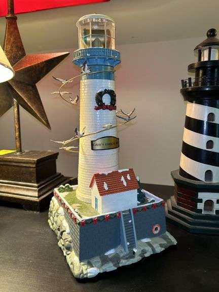 Nice selection of lighthouses made from various materials…..far left is musical (needs batteries, far right is a bank…..heights range from approx. 12-1/2 to 13-1/2” tall