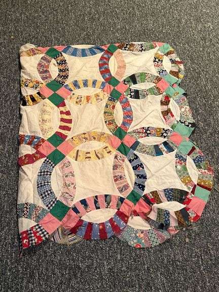 Vintage throw size double wedding ring hand stitched quilt top (no backing)….staining image