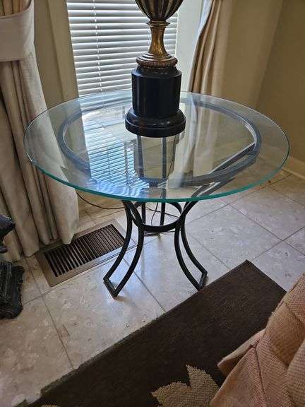 Round 24x23 glass top wrought iron base side table LAMP NOT INCLUDED... image