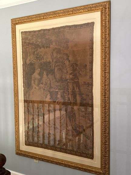 Extraordinary a framed tapestry depicting a pastoral or historical scene with figures in period clothing……frame is faux wood…..51-1/2 x 71…..shadowing made getting precise pics difficult image