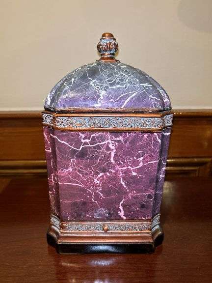 Heavy resin marble-look decorative urn with medallion design on 2 sides…..11-1/2” tall image
