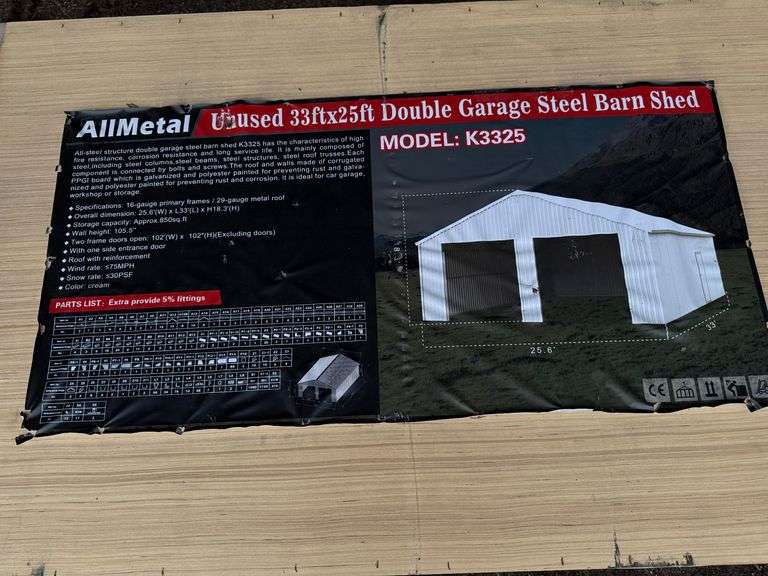 Unused 2024 AllMetal Double Garage Steel Barn Shed, K3325