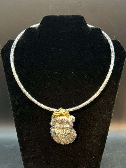 Beautifully designed slightly flexible snap closure choker with silver/gold tone combination pendant/brooch Santa image