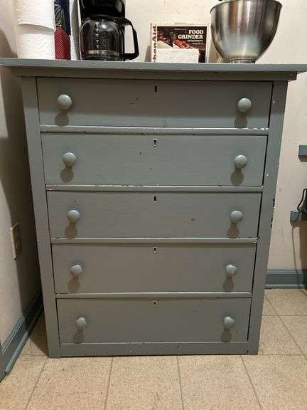 5-drawer wooden chest and contents of drawers…..was used in pantry…..32 x 18 x 37-3/4 tall…..CONTENTS ON TOP NOT INCLUDED image