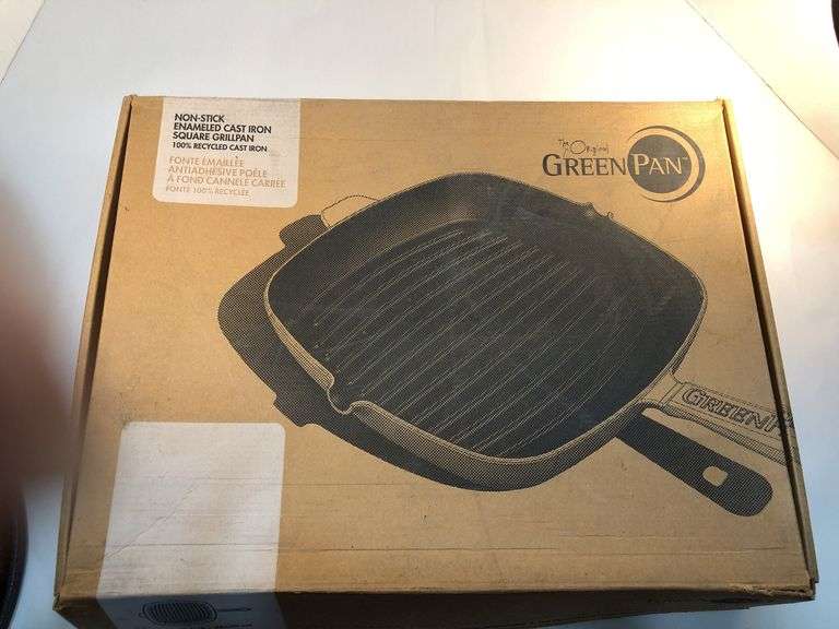 New in box 2 spout Green Pan non-stick enameled square cast iron grill pan. 10 x 10”. image