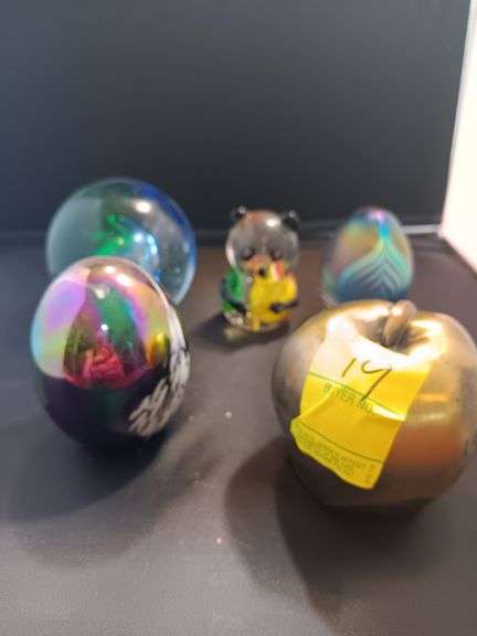 Set of 5 paper weights. Gold apple,teddy bear and two irideccent eggs. See photos image