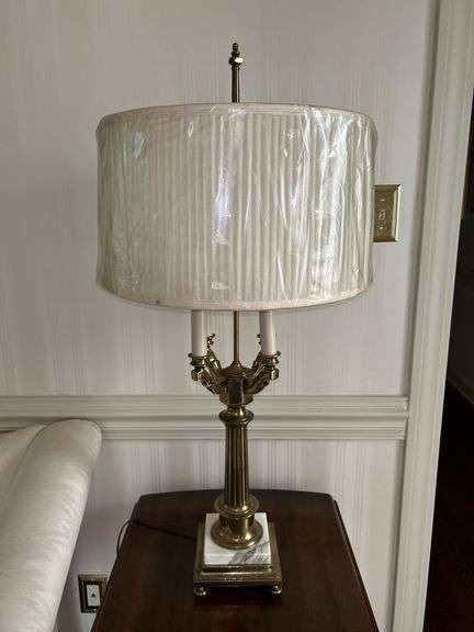 Very elegant 4-arm candelabra-style solid brass lamp with pleated shade (still has protective covering) and partial marble base…..36” tall to top of finial image