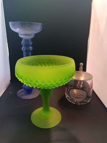 Group of 3.. Green diamond point  compote, a blue vase and a love jar image