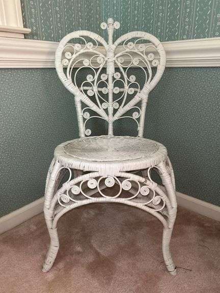 White wicker heart-shaped back chair….16”D x 18 tall to seat (35-1/2 tall overall) image