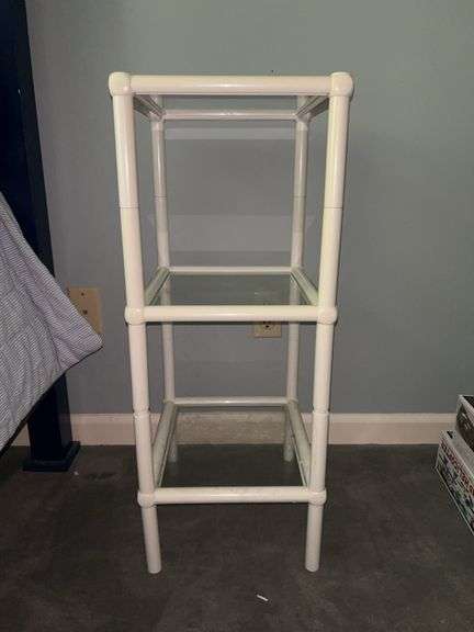Plastic frame 3-shelf bedside table with glass shelves……12 x 13-1/2 x 30 tall image
