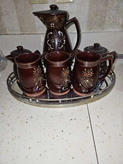 Vintage 1940s Japan Redware  Moriage Coffee/Tea Set Glazed Beaded Pottery in excellent vintage condition MIRRORED TRAY NOT INCLUDED... image