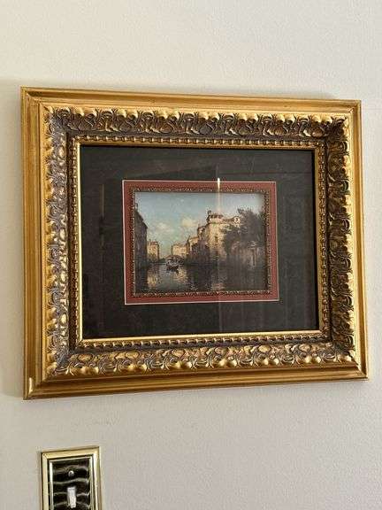Beautifully framed vintage 1930s Oil on Canvas Venice Print by Antoine Bouvard….19-1/2 x 16-1/2 image