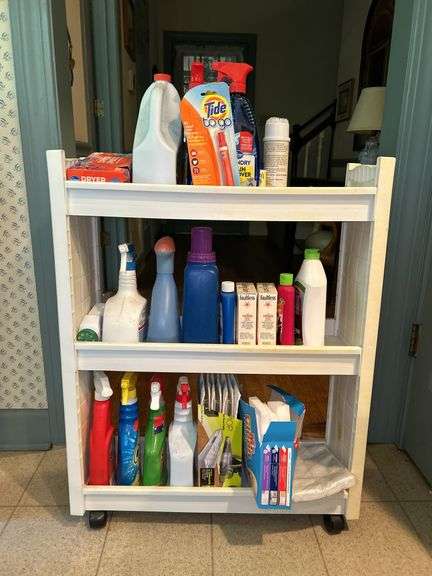 Slide-in laundry caddy and contents…..24-3/4 x 8-1/4 x 31-1/2 tall…..all contents are partial boxes and bottles image