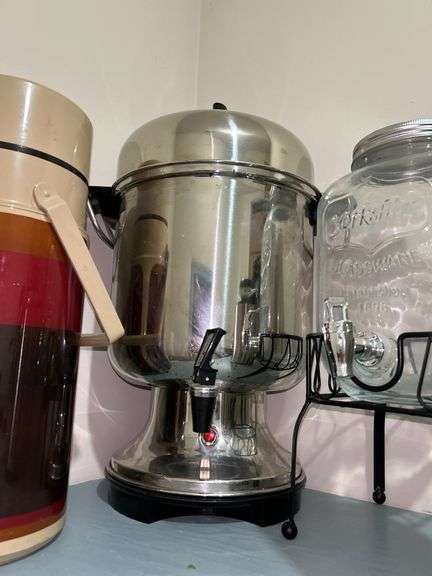 Grouping of various size and design drink dispensers, coffee makers, thermos-style dispenser and more