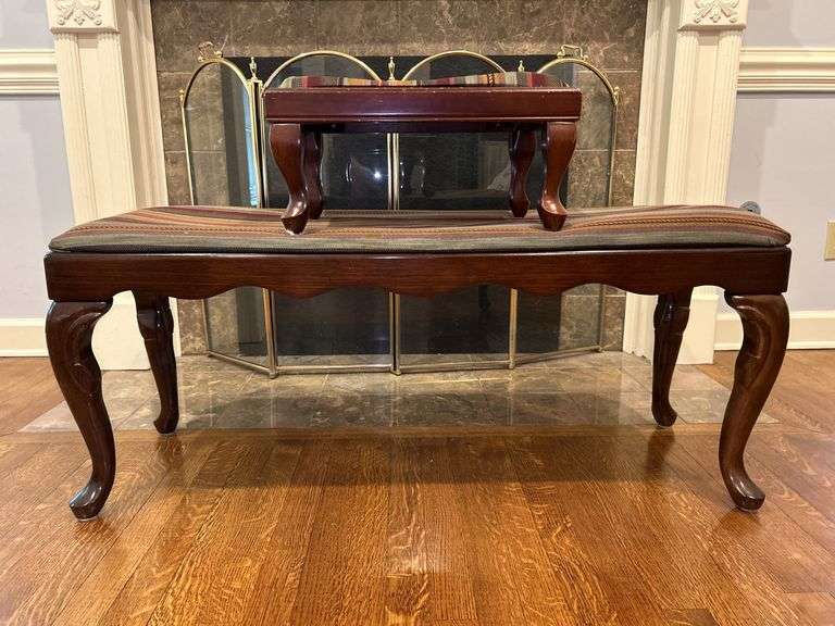 Matching Queen Anne style bench and foot stool……seating and foot area need more cushion…..bench measures 42 x 14-1/2 x 19 tall…..stool is 17 x 12 x 9 tall image