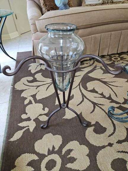 Very nice Art Glass vase in " tall wrought iron stand... image