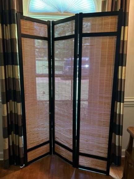 Wooden tri-fold screen with faux bamboo fillers on each panel……each panel measures 16” and is 71” tall image