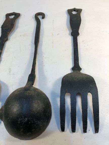 Vintage old fashioned kitchen utensils. Oversized spoon, 2 forks and ladel.  10.5 to 11” L x 2 to 3”W approx.