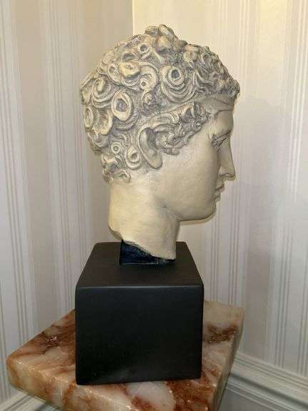 Greek God Apollo Resin Bust on wood base…..7-1/4”w x 18-1/2” tall….©️1988 Hgc Pt Inc